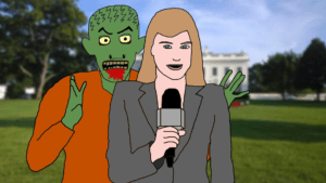 Reporter about to be bit by a zombie